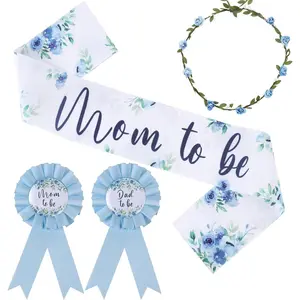 1Set Baby in Bloom Baby Shower Decorations Boy Floral Blue Mom to Be Maternity Sash Mom Dad to Be Button Tinplate Badge Pin Corsage Flower Crown Headband for Baby in Bloom Gender Reveal Party