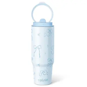 30 oz Bow Tumbler with Straw and Handle, Cute Water Bottles for Women Girls Cup，Insulated Travel Coffee Tumbler, Leak Proof Stainless Steel Coffee Mug, Aesthetic Coquette Bows Cups (Blue)