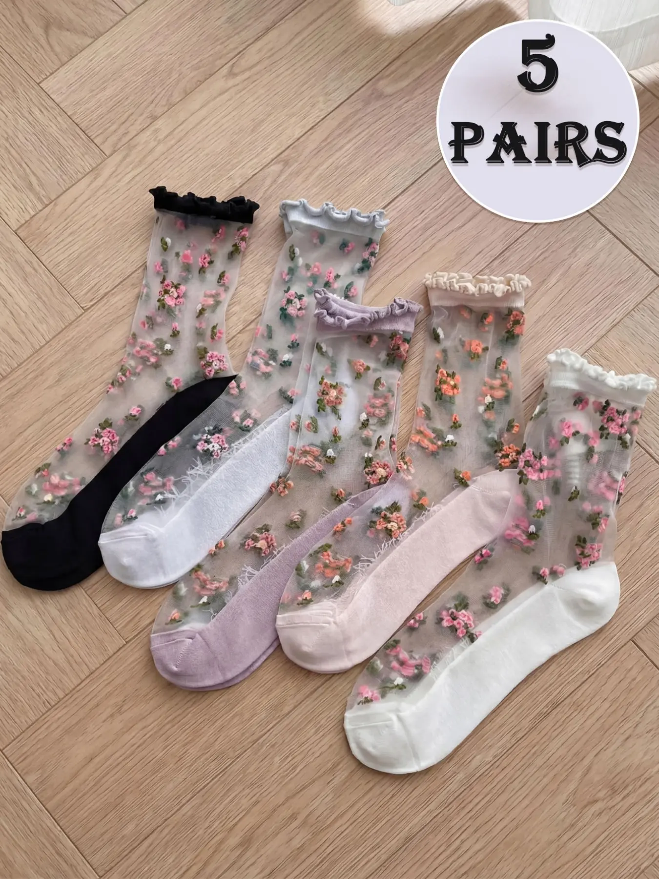 5 pairs of women's lace socks, summer thin glass stockings, mid-calf socks, ins trend, sweet floral silk stockings, Floral Pattern Socks, Lace Crew Socks
