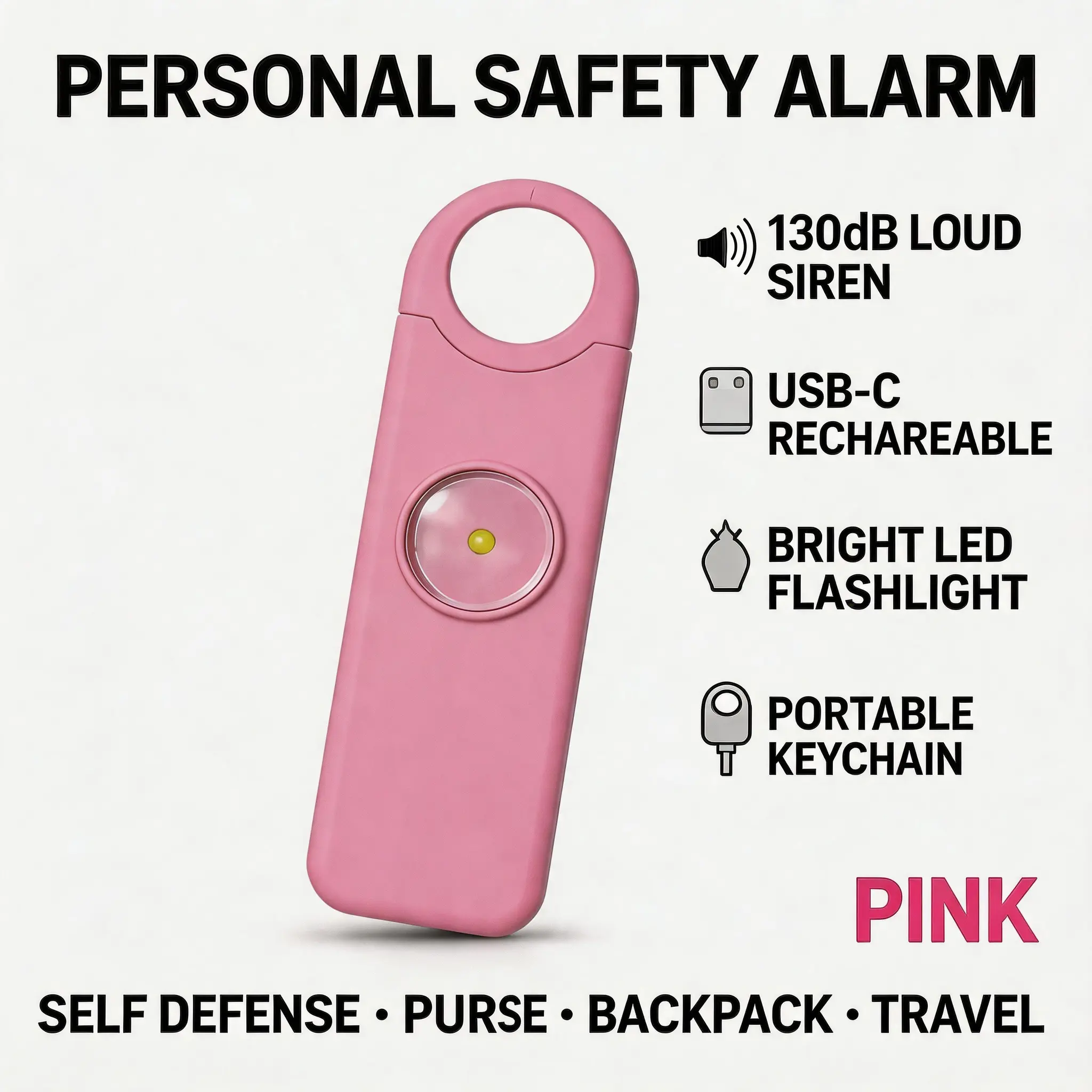 Women's Personal Safety Alarm Keychain - 130dB Loud Emergency Siren, USB-C Rechargeable, Bright LED Flashlight, Portable for Runners, Walking, Everyday Carry (Pink, Pom Accent)