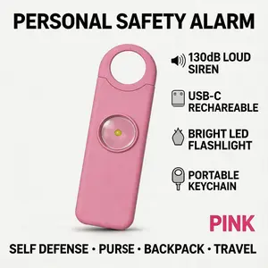 Personal Safety Alarm for Women – 130dB Loud Emergency Siren, USB-C Rechargeable with Bright LED Flashlight, Portable Keychain Design for Self Defense, Purse, Backpack & Travel (Pink)