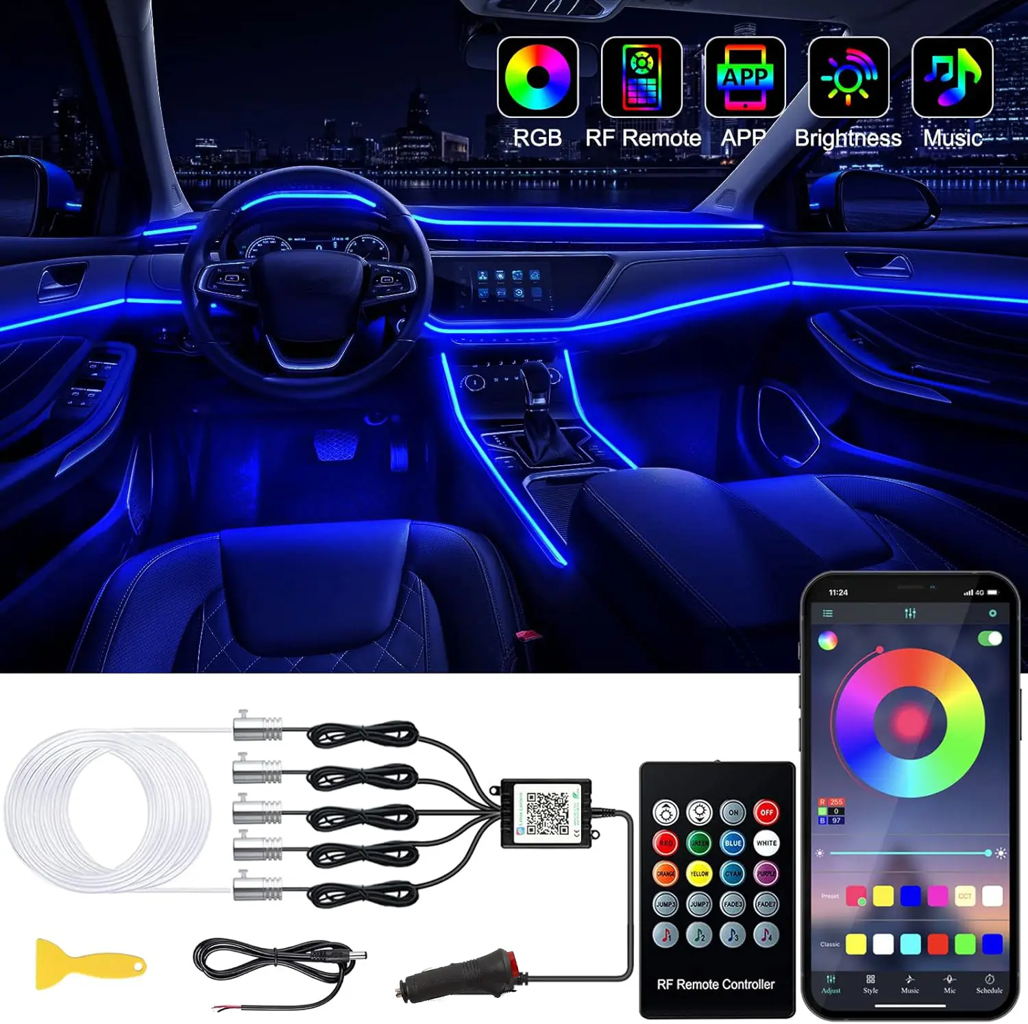 5 IN 1 LED Strip Lights, Car Interior Ambient Lighting Kits with Wireless APP and RF Remote Control, 16 Million Colors Music Mode Car Decoration Lights,Sync to Music,Cars Accessories #fathersdaygift