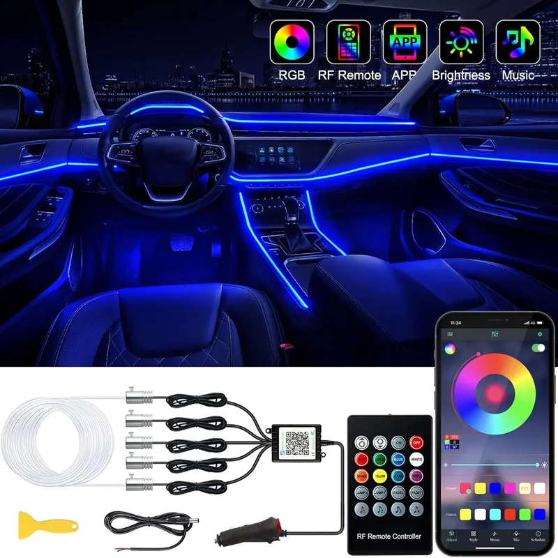 5 IN 1 LED Strip Lights, Car Interior Ambient Lighting Kits with Wireless APP and RF Remote Control, 16 Million Colors Music Mode Car Decoration Lights,Sync to Music,Cars Accessories #fathersdaygift