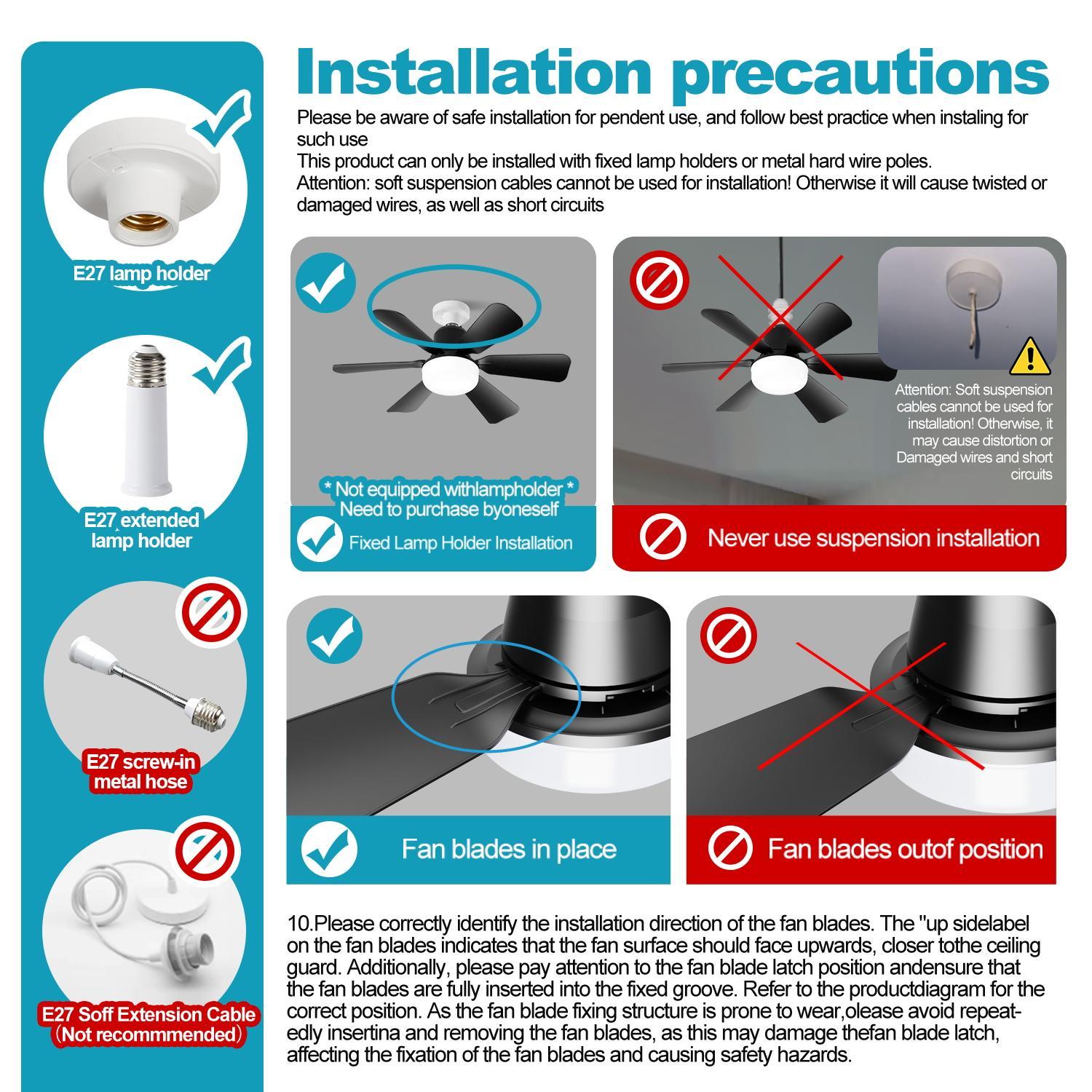 Ceiling Fan Light with Remote Control, 3 Wind Speeds, E27 Base, Adjustable Lighting, Suitable for Bedroom, Dining Room, Kitchen, Garage