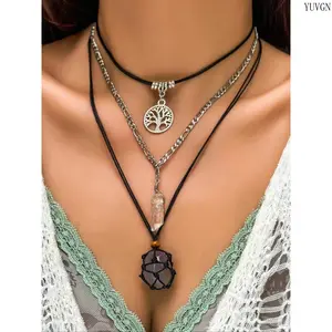Women's 3-Pcs Boho Vintage Crystal Pendant Necklace Set - Retro Artificial Crystal Layered Necklaces, Whimsical Accessories, Casual Party Streetwear Jewelry, Ideal Birthday Gift (Indoor Recreation)
