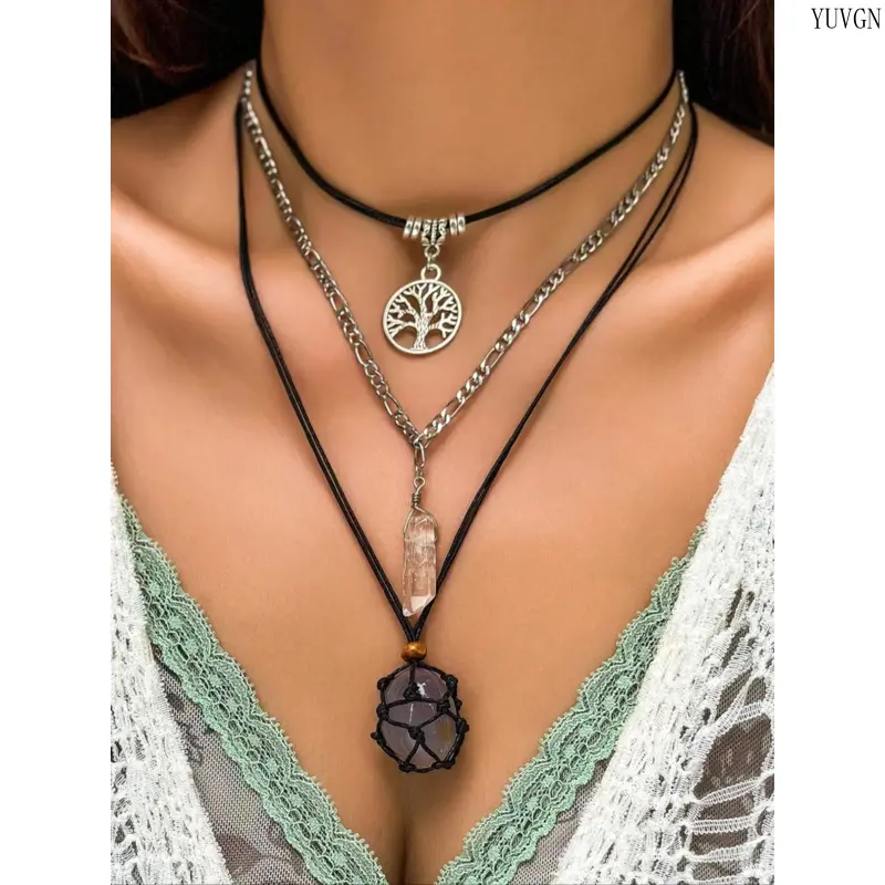 Women's 3-Pcs Boho Vintage Crystal Pendant Necklace Set - Retro Artificial Crystal Layered Necklaces, Whimsical Accessories, Casual Party Jewelry, Ideal Birthday Gift for Indoor Recreation
