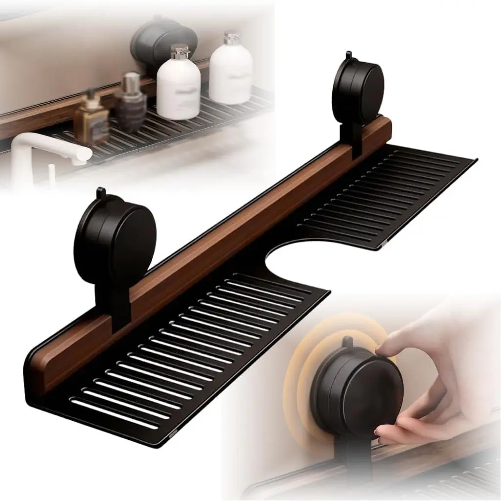 Walnut Bathroom Kitchen Suction Storage Holder, 2025 New Removable Wall Mounted Sink Shelf Over Faucet, Sink Faucet Organizers,No Drill Faucet Organizer Rack for Bathroom (Black, 40CM)