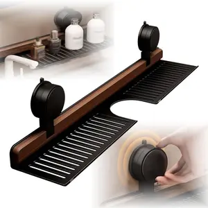 Walnut Bathroom Kitchen Suction Storage Holder, 2025 New Removable Wall Mounted Sink Shelf Over Faucet, Sink Faucet Organizers,No Drill Faucet Organizer Rack for Bathroom (Black, 40CM)