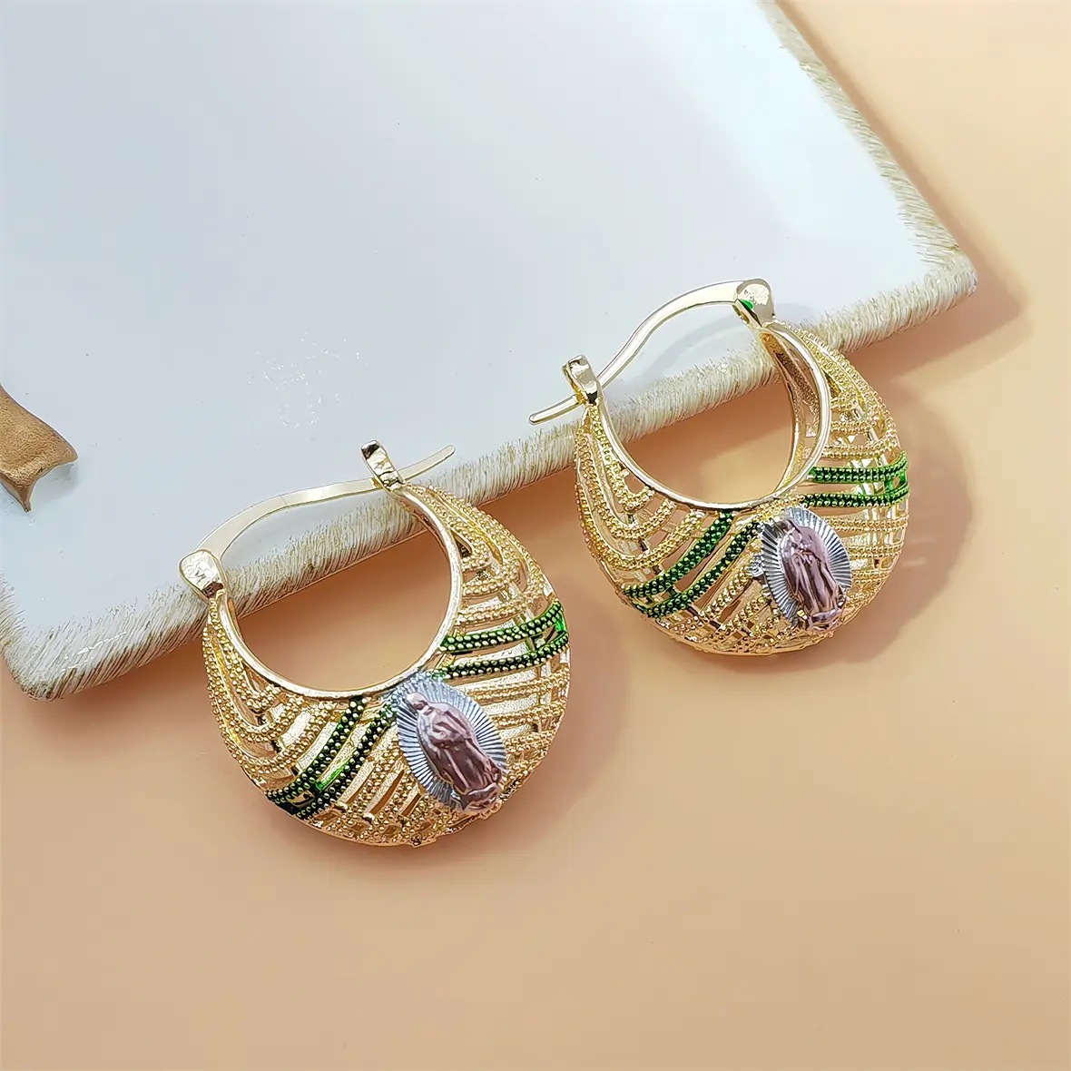 Gold Plated Our Lady of Guadalupe Hoop Earrings for Women, Filigree Huggie Hoops with Green Crystal Accent, Tri-Color Virgin Mary Statement Earrings, Catholic Religious Jewelry Gifts
