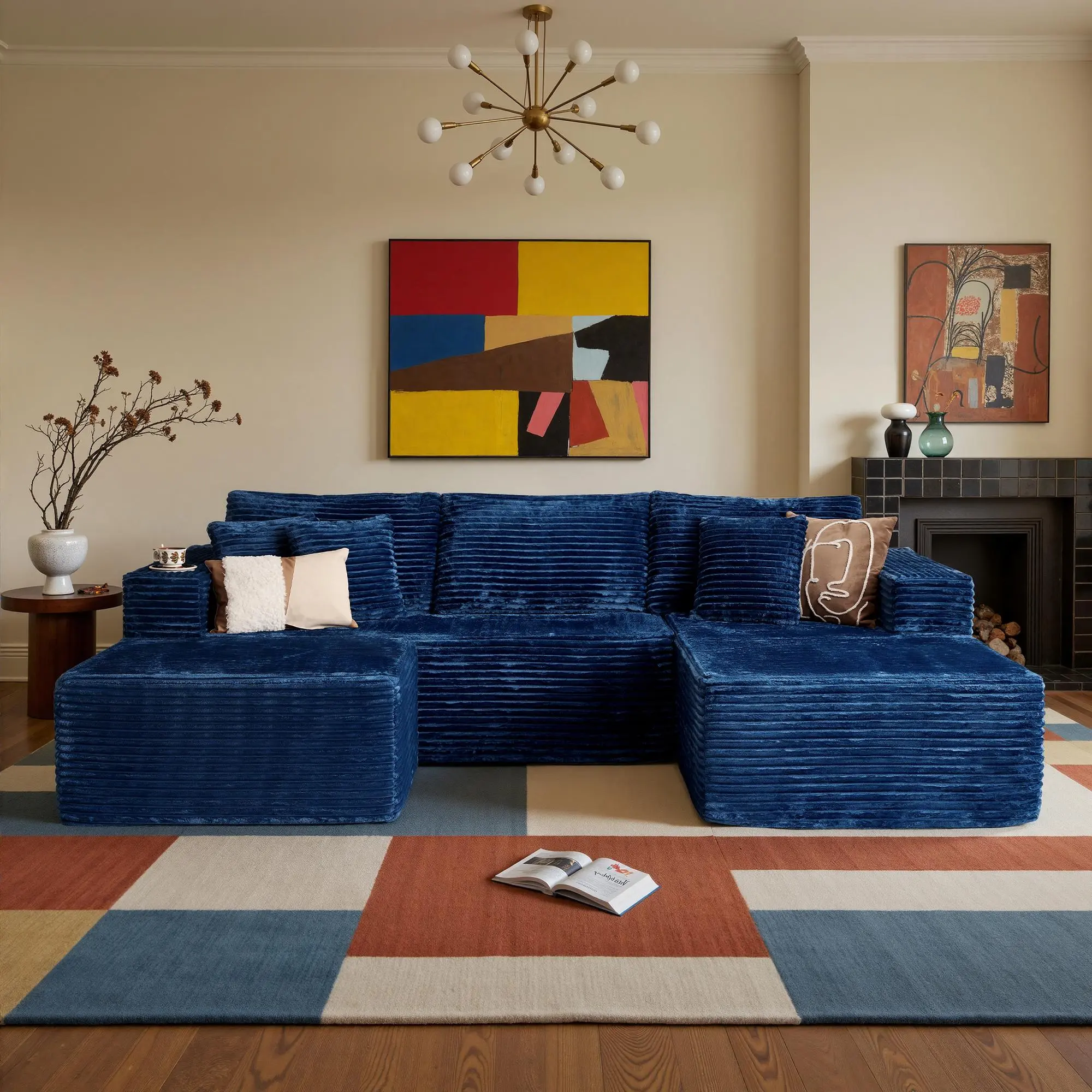 108" Blue U Shaped Right Chaise with Ottoman 