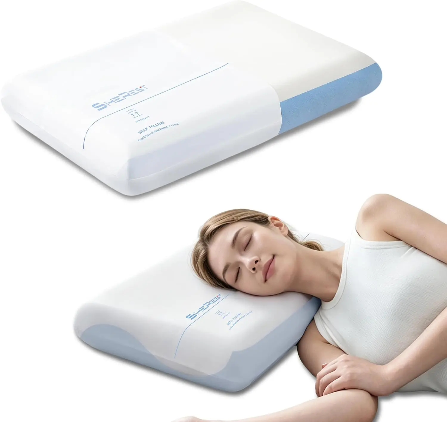 SheRest Cooling Memory Foam Pillow for Side & Back Sleepers, Ice Silk Breathable Neck Support Bed Pillow, Ergonomic Pressure Relief Contour Pillow for Hot Sleepers
