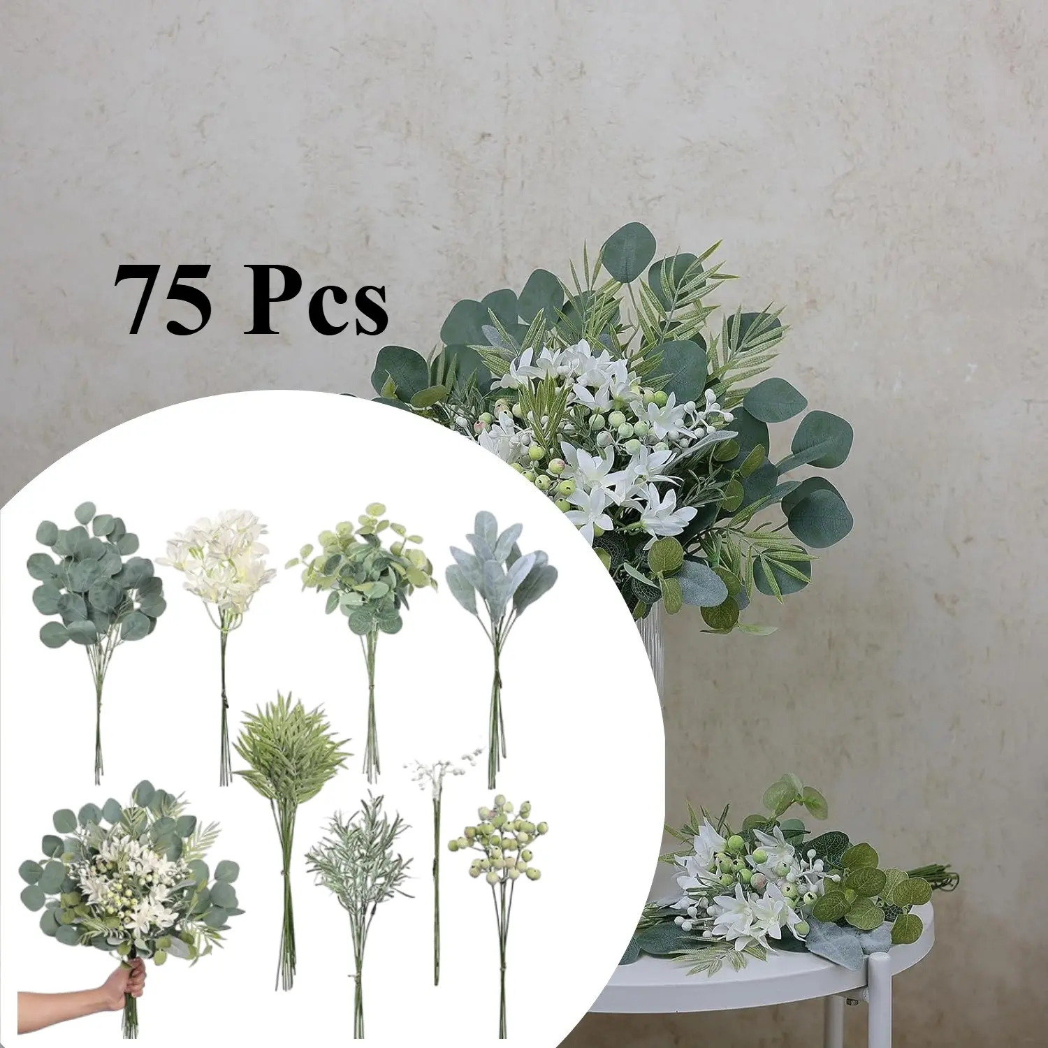 Sage Green Decorative Artificial Greenery Stems Box Set - 75 Pcs Silk Eucalyptus & Bamboo Leaf Faux Plants with Fake Flowers for DIY Bridal Bouquets, Wedding Table Centerpieces