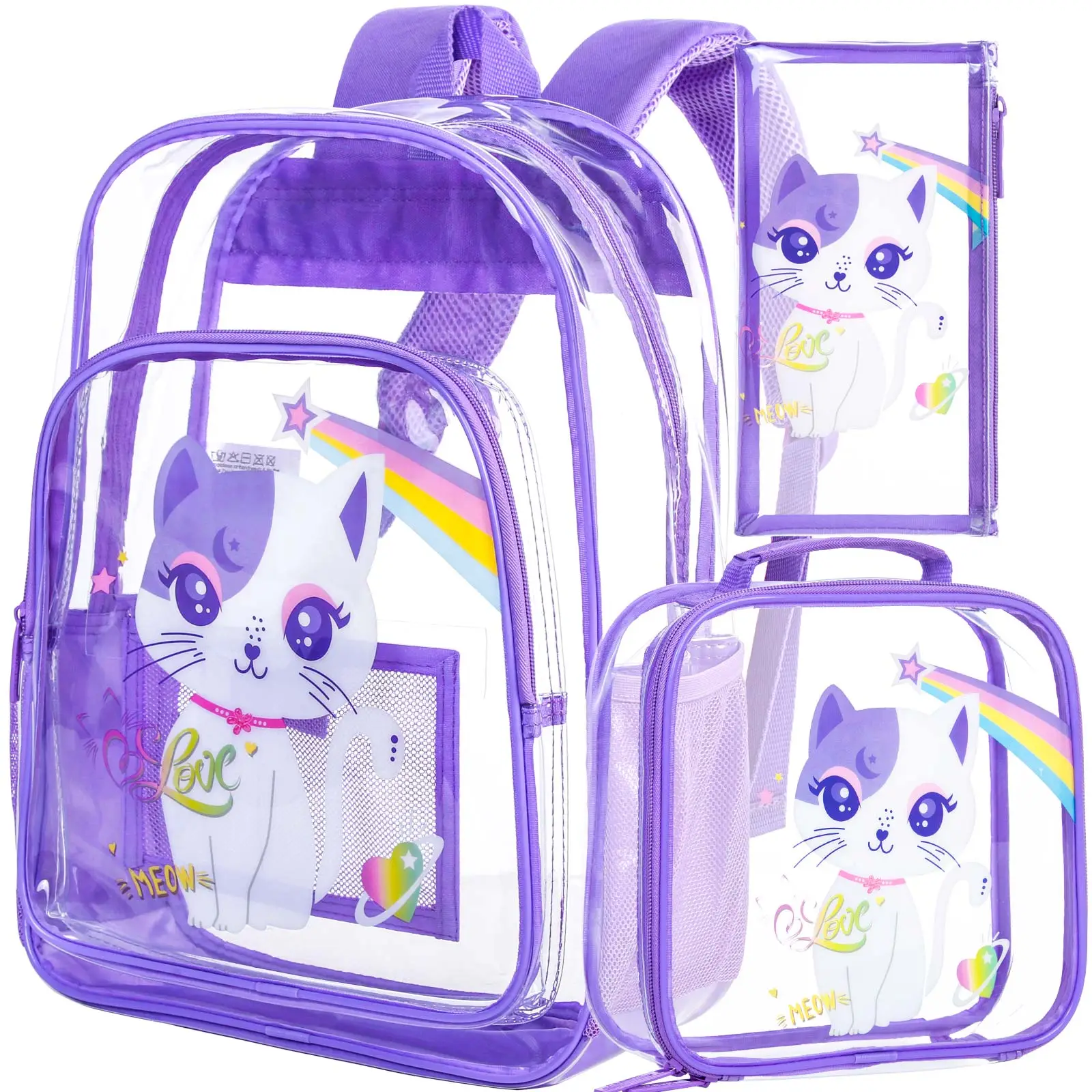 Girls Clear Backpack for Kids, See Through School Bag Stadium Approved, Transparent Bookbag for Elementary Preschool- Purple Cat
