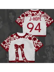 Kpop Floral Jersey, Red & White Bow Print with Custom Member Name/Number (Jin/V/Suga/Jimin/J-Hope/RM/ARMY), Breathable Mesh Tee for ARMY Fans, Concert Goers & Collectors