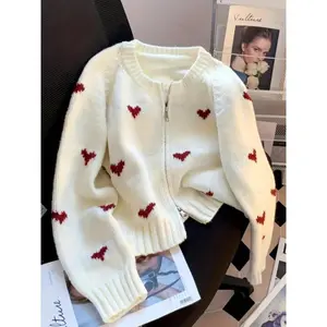 Women’s Casual Knit Sweater Jacket, Round Neck Long Sleeve Zip-Up Cardigan, Heart Pattern, Autumn/Winter Fashion Knitwear