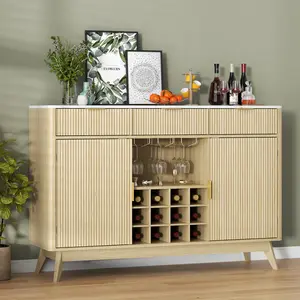 Fluted Wine Bar Cabinet for Home with 3 Drawers and 2 Doors, Coffee Bar Cabinet with Glass Rack, Modern Wood Wine Cabinet, Kitchen Buffet Sideboard