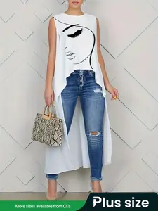 【Plus Size】 Figure Graphic High Low Tank Top, Casual Sleeveless Round Neck Top, Summer Outfits 2024, Tops for Women, Women's Plus Clothing for Daily Wear