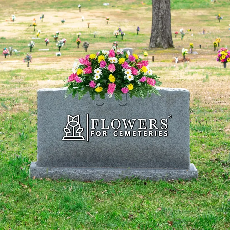 Pink and Yellow Wildflower Cemetery Saddle - Artificial Mothers Day Cemetery Flowers - Spring Headstone Saddle