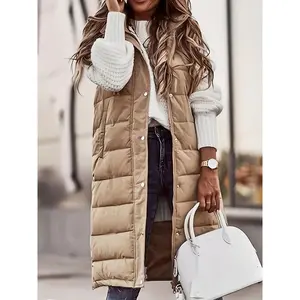 Women'S Plus Size Winter Jacket, Casual Solid Color Hooded Long Puffer Vest, 100% Polyester, Knee Length, Woven Weave