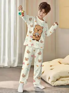 Capybara Bubble Tea 2-piece set for boys: long-sleeved pajamas with digital printing and long sleep pants, flame-retardant fabric, comfortable, soft, Snug fit pajamas, suitable for sleeping and home leisure