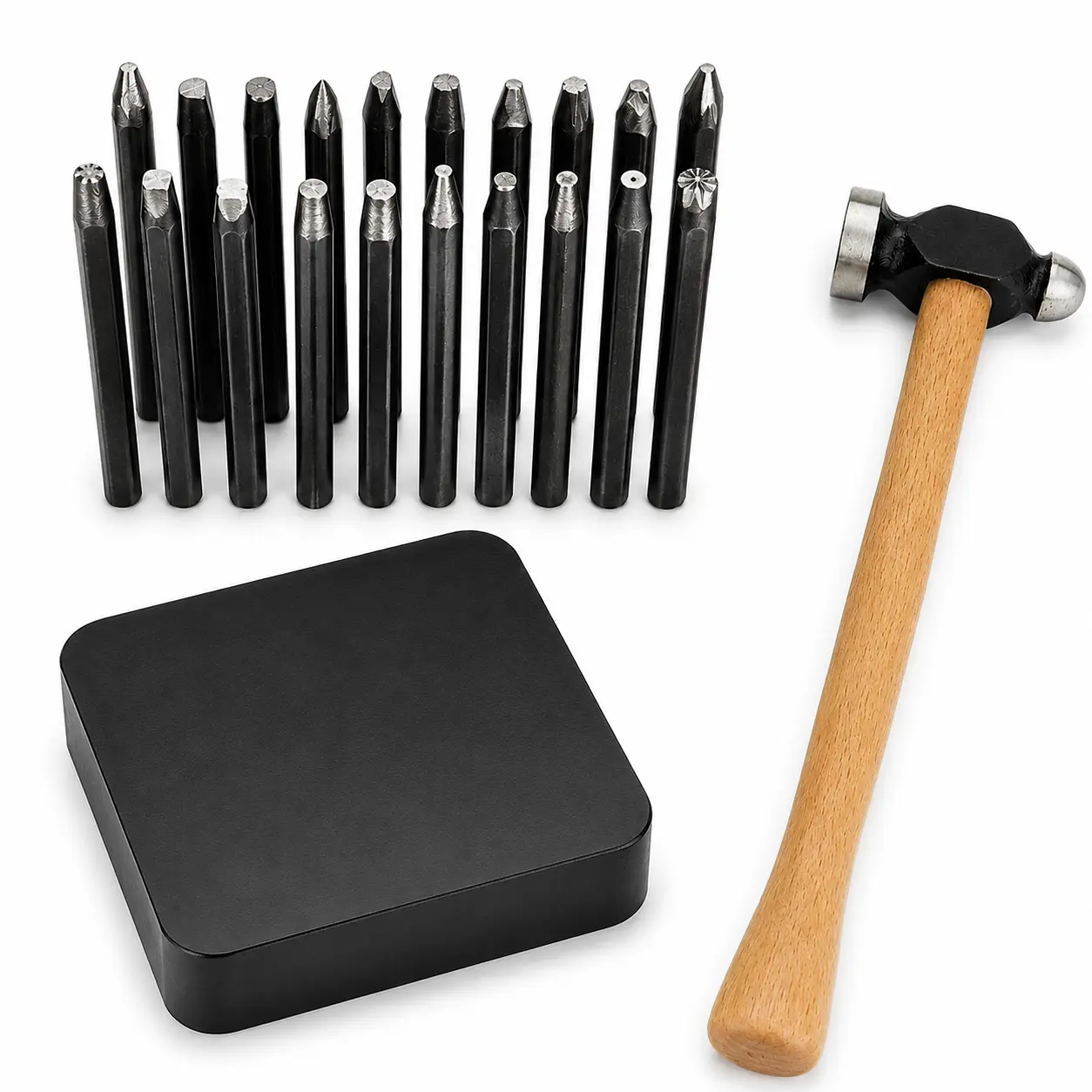 Jewelry Texture Stamp Kit with Metal Pattern Punch Stamps, Rubber Bench Block and Hammer