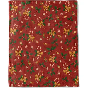 1pc Candy cane Christmas blanket, holly, red berry, and gold bow print casual blanket, soft flannel winter blanket, suitable for sofa beds and holiday homes, Christmas gift.