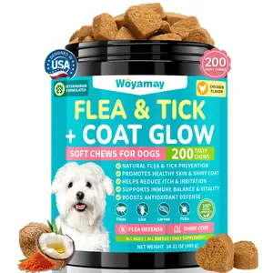 Woyamay Flea & Tick + Shinny Coat for Dogs Chewables 200 Soft Chews Chicken Flavor for Effective Prevention Skin Support & Itching Relief