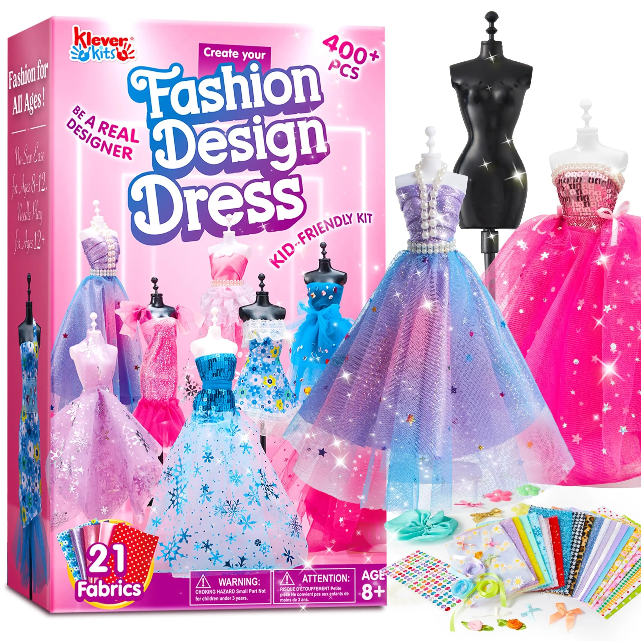 Klever Kits 400+PCS Fashion Design Crafts for Kids, Art and Crafts, DIY Sewing Kits with 3 Mannequins for Girls Aged 8-12, Birthday Presents, Toys for Kids