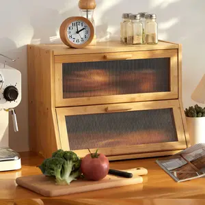 Double Layer Bamboo Bread Box for Kitchen Counter,Large Capacity Bread Storage Bin,Bread Container with Acrylic Wavy Door Panel (Natural, Medium)