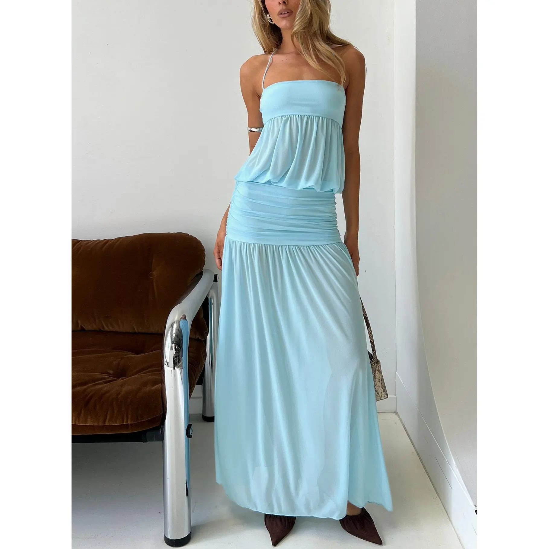 Jesemia Halter Blouson Maxi Dress Blue