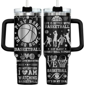 40oz Basketball Tumbler with Handle and Straw Lid - Insulated Stainless Steel Coffee Mug - "Play Hard Or Go Home" Basketball Gifts for Men, Boys, Coaches - Triple Wall Vacuum Travel Cup