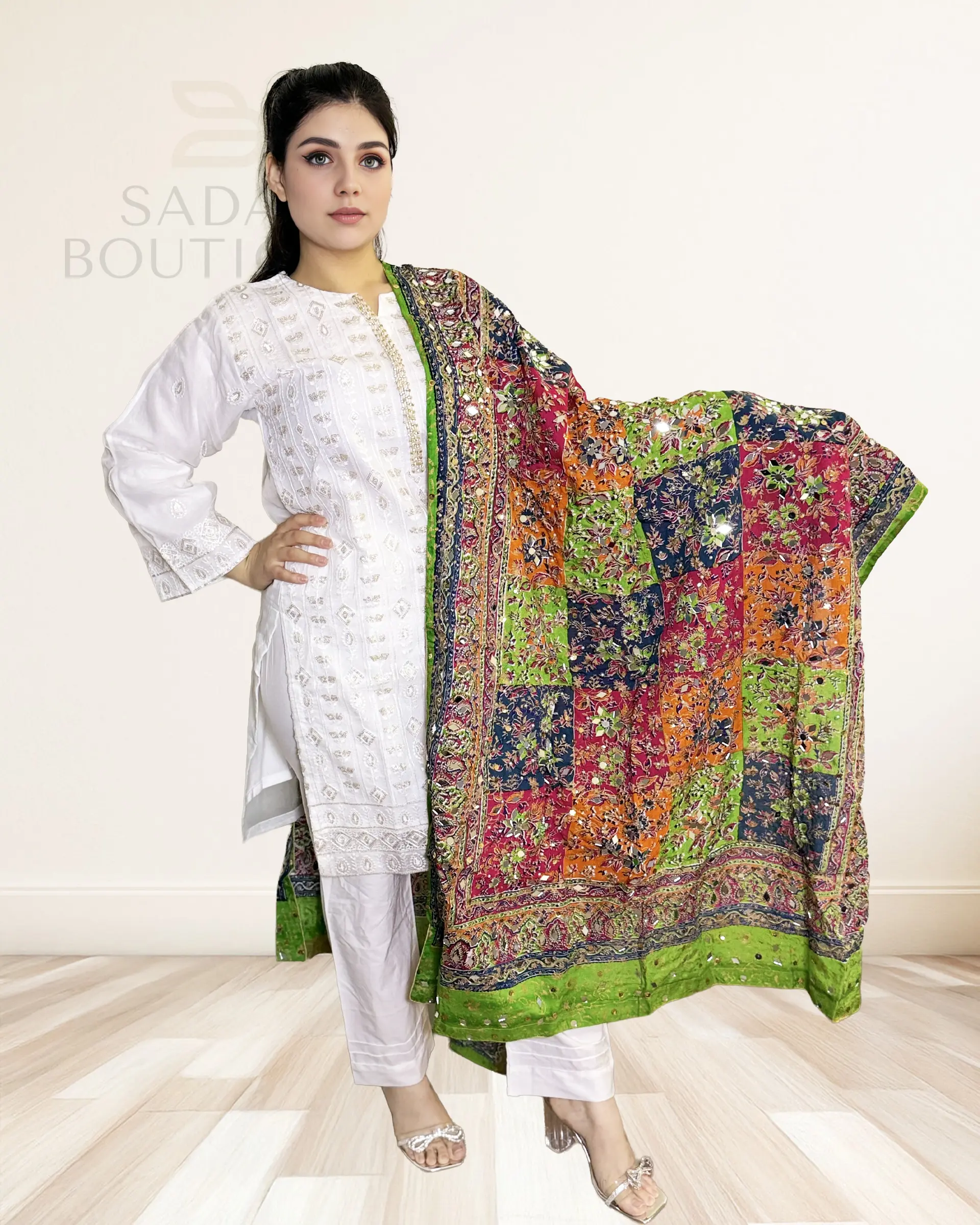 Classic White Panjabi Suit – Embroidered Elegance with Multicolor Patchwork Dupatta