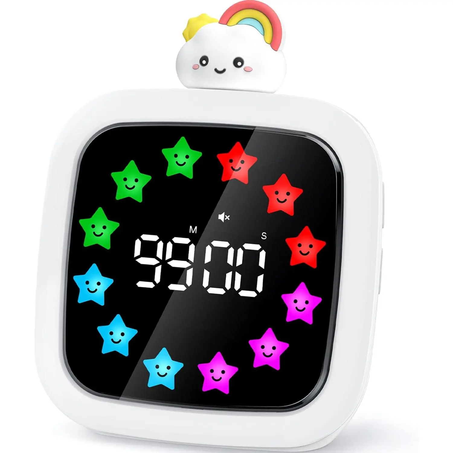 P-SO074 Rechargeable Digital Timer Set (No Battery Needed) - 99 Min Silent Countdown Tool, 25H Runtime, 19 Ringtones, 9 DIY Color Star Displays, Pause & Memory Functions, for Adults, Office, Kitchen Cooking, Improve Time Management, Rainbow Home Supply