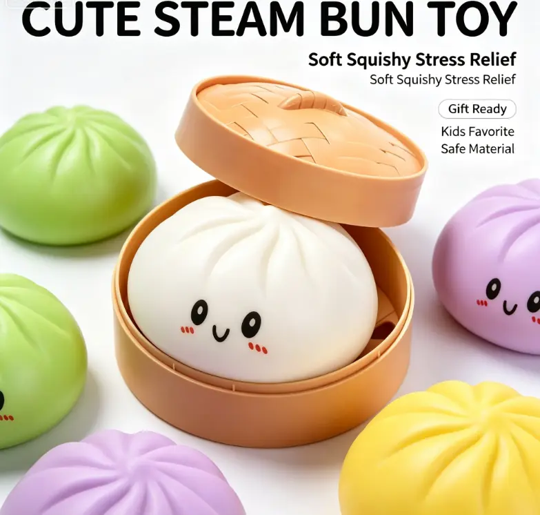 Cute Squishy Steam Bun Stress Relief Toy with Mini Steamer Basket, Soft Slow Rising Squeeze Fidget Toy, Kawaii Cartoon Bun Squishies for Kids Adults, Anxiety Relief Sensory Toy, Perfect Birthday Party Gift stress-relief