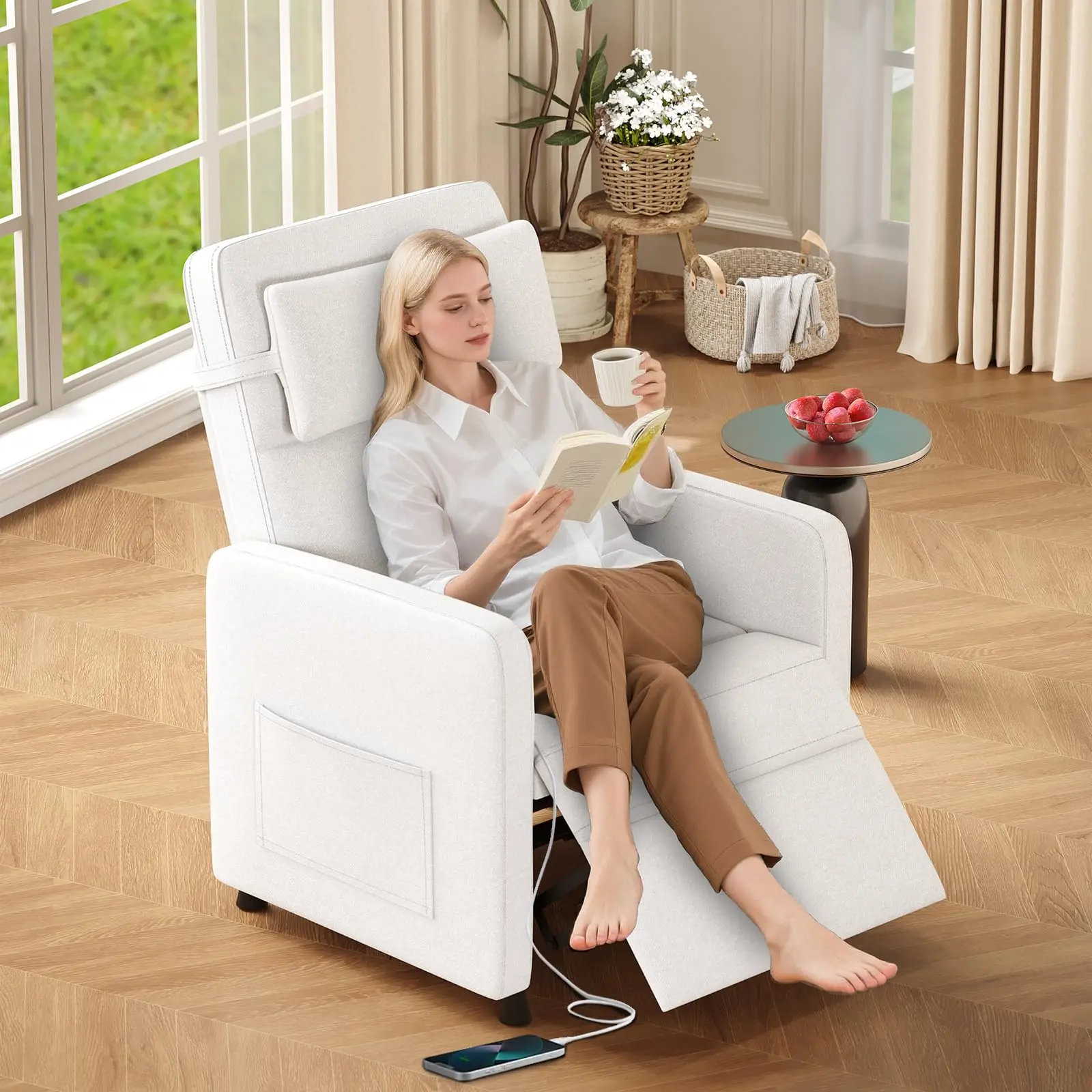 Adjustable Reclining Sofa Chair with Massage & Heat – Living Room Recliner with Side Pockets & USB Charging Port