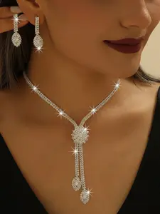 Women's Elegant Rhinestone Decorated Water Drop Design Necklace & Dangle Earrings, Exquisite Trendy Jewelry Set, Fashionable Jewelry Set for Party Decoration
