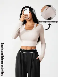 Women's Long Sleeve Yoga Top, Contrast Mesh Design, Slim-Fitting Workout Shirt, Casual All-Season Activewear, Outdoor Sports Tee, Athletic Yoga Tops