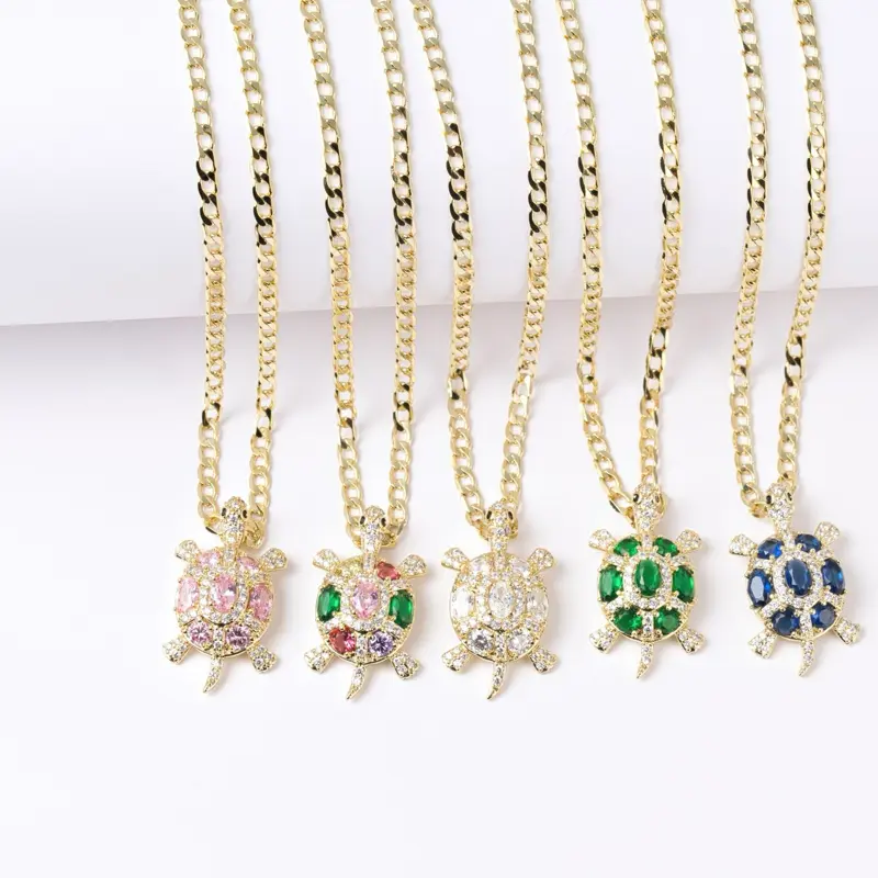 14K Gold Plated 3mm Chain with Colorful Turtle Pendant 14K Gold Plated 3mm Chain with Colorful Turtle Pendant