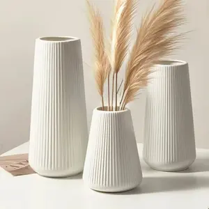 3 Piece Ceramic Look PP Vases, Shatterproof Lightweight Multi-Size Vertical Pattern, Modern Minimalist Home Decor, Indoor Outdoor Use, No Bouquet Included