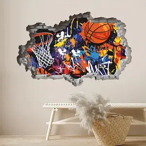 Street Graffiti Style Basketball Theme Poster, Includes Ball, Hoop, Colorful Spots, Creative Doodle Font, Perfect for Bedroom Decor