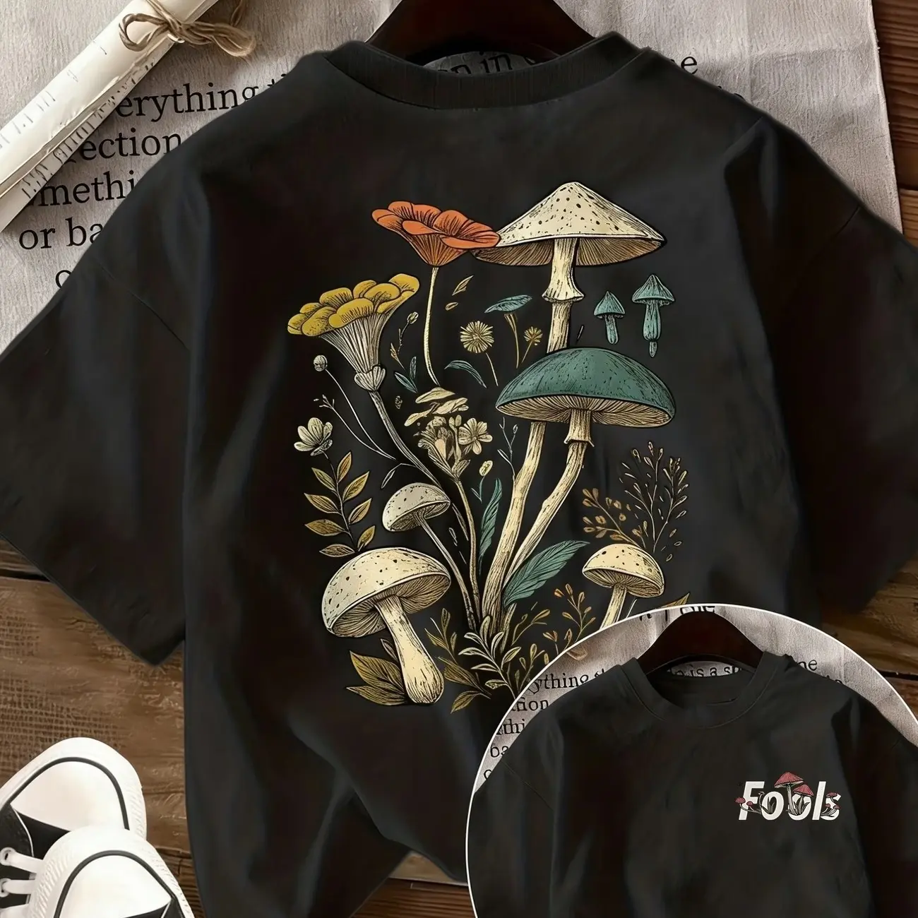 Women'S T-Shirt with a Forest Mushroom Plant Pattern, Featuring Front And Back Prints. A Versatile Outfit with a Round Neck And Short Sleeves, Perfect for Everyday Wear