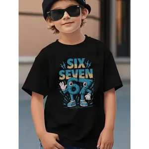 Little boy 67 emoji gesture robot number character mecha blue lightning fun 100% cotton pattern T-shirt, 67 Thanksgiving and Christmas boys' fall clothing, machine washable, toddler cartoon T-shirt, teen boy clothing gift