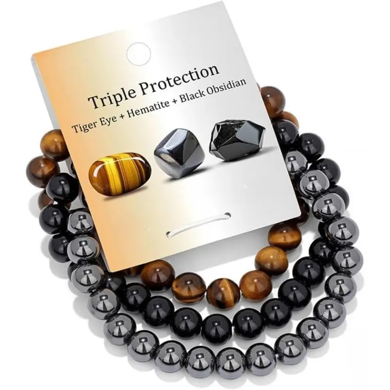 8mm Natural Stone Beaded Bracelet with Tiger Eye, Hematite & Obsidian - Elegant Minimalist Stretch Bangle for Daily Wear & Bracelet Stacking, Elegant Minimalist Bangle, Natural Stones, Stretch Fit For Easy Sizing, Wrist Stack, Organic Varies, Handmade Det