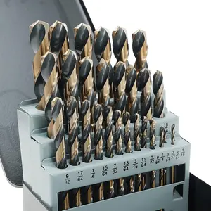 Cobalt Drill Bit Set, 135 Degree Tip High Speed Steel with Black and Gold Finish, Stainless Steel, Plastic and Wood with Metal Indexed Storage Case 1/16"-1/2"