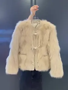 Women's Faux Fox Fur Coat, Fashionable Elegant Lightweight National Style Button Front Round Neck Loose Fit Warm Autumn Winter Outerwear