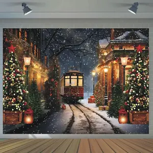1pc 2D Flat Polyester Christmas Backdrop - Winter Scene with Red Tram and Decorated Trees - No Electricity Required, Featherless, Ideal for General Festive Occasions and Family Gatherings