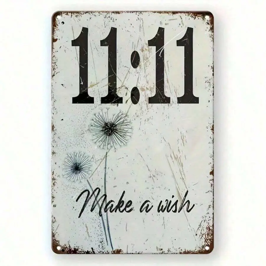 Vintage Metal Tin Sign - "Make A Dandelion Wish" 11:11 Clock Artwork, Multicolor Home Supplies, Lightweight Indoor Wall Hanging Inspirational Plaque, Waterproof Rustic Bedroom Decor Gift, 8x12 in (20x30cm)