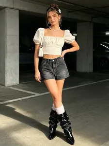 High-Waisted Denim Shorts, Star Skull Embroidery, Party Style, All-Season Wear, Perfect for Music Festivals and Daily Use