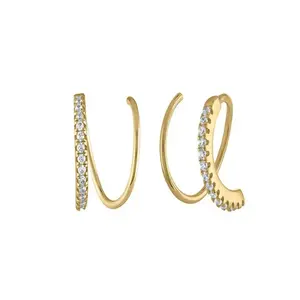 Spiral Hoop Earrings Diamond Faux Double Piercing 18K Gold Plated Over Premium 316L Stainless Steel with Left and Right Earrings