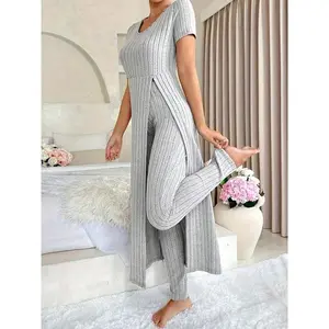 Two-piece Set?Women's Solid Split Outfits Set, Elegant Casual Cozy Longline Top & Pants for Daily Outdoor Wear, Ladies Spring & Fall ClothesGift